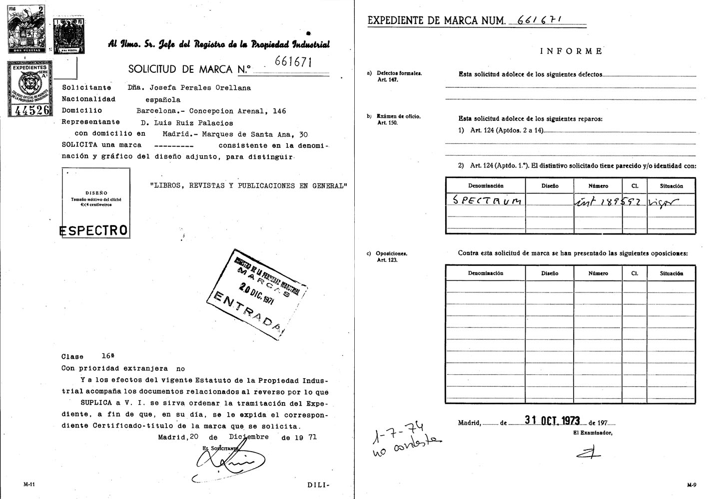 Marca ESPECTRO, solicitud e informe Ministerio de Industria, Energía y Turismo. Oficina Española de Patentes y Marcas. Archivo Histórico, Exp. Nº M0661671.