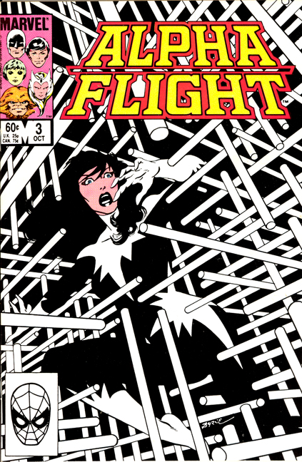 John Byrne nunca se sintió completamente satisfecho con su trabajo en Alpha Flight, ni en su faceta artística ni en la económica. Sin embargo, a esta impactante portada de Aurora, todo un prodigio de diseño y composición, parece difícil ponerle ninguna pega. El autor la considera su favorita de cuantas ha realizado hasta la fecha, y no seremos nosotros quienes cuestionemos su criterio de selección.